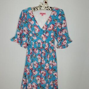 Betsey Johnson Blue&Pink Flowers Vintage Style 3/4 PuffySleeve Mini Dress Size 2